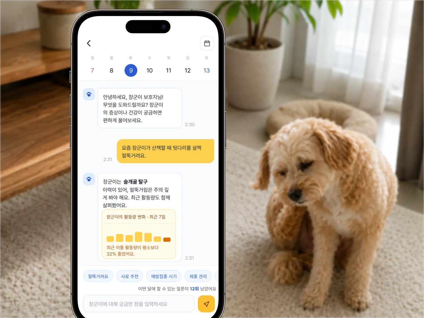보호자가 강아지를 안고 퍼피루스 AI 반려견 건강 상담 챗봇과 대화하는 모습